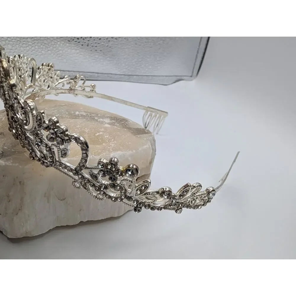 Elegant Silver Tone Rhinestone Tiara Headband Crown with Combs Wedding Prom